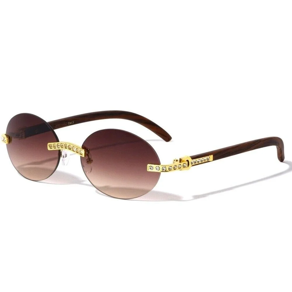 Rimless Sunglasses Oval Lens Wood Grain Frame Rhinestone Accents‎ Men Gafas 2026